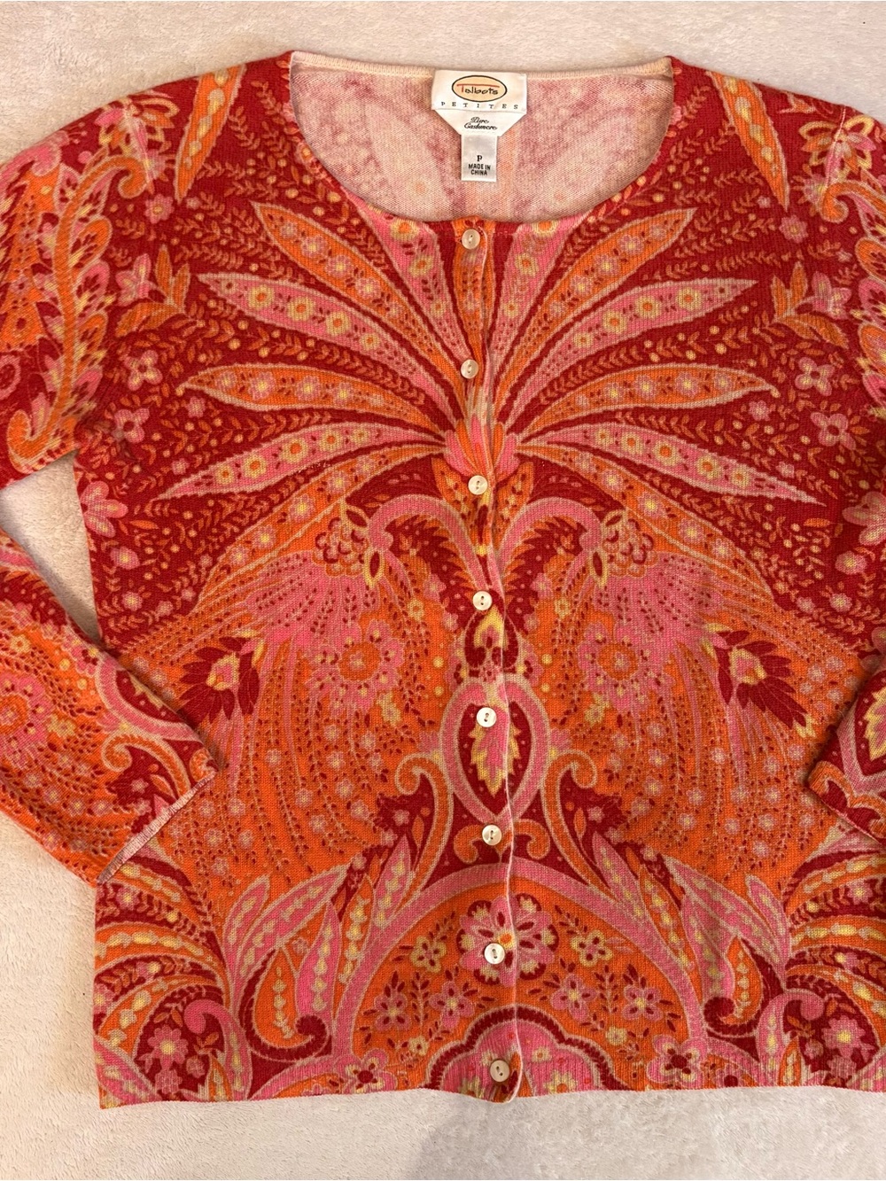 Talbots Red Pink Orange Paisley Cashmere Button-Front Cardigan Sz SP